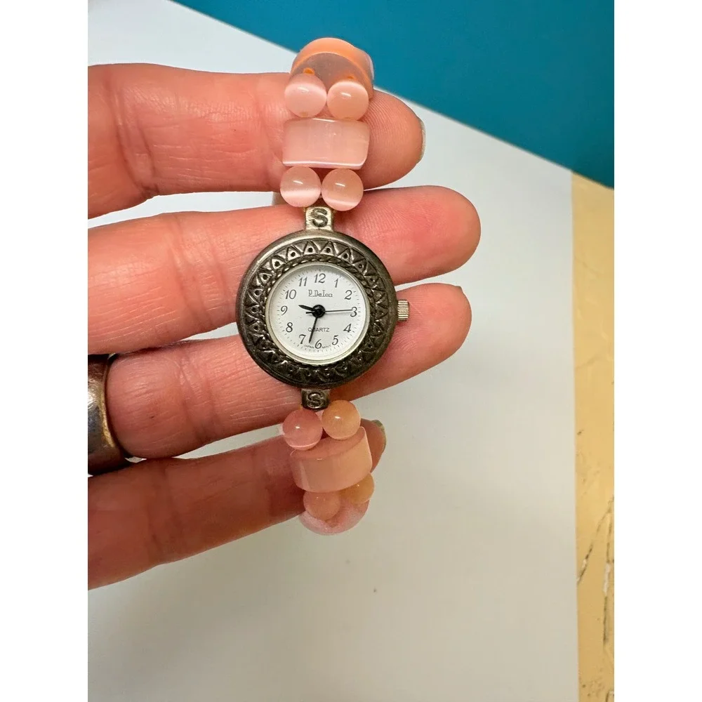 Paris DeLon Pink Cats Eye Beaded Stretch Bracelet Watch Silver Tone‎ Boho